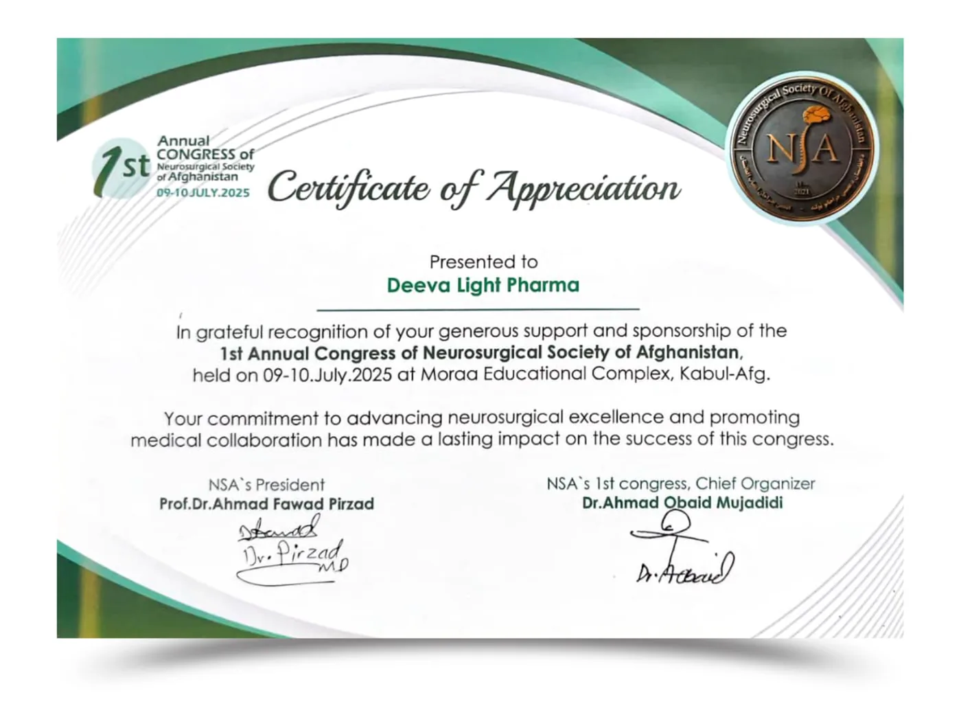1st Annual Congress of the Neurosurgical Society of Afghanistan certificate presented to Deeva Light Pharma